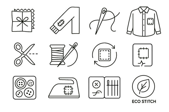 Stitch icons patch wardrobe sewing sustainable icon vector mending buttons needle eco