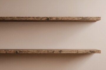 Empty top wooden shelves and wall background.