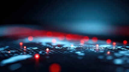 Abstract digital technology background with glowing red dots, data visualization, and dark tones illustrating global connectivity and information flow in cyberspace