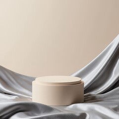 Luxury background for branding and product presentation. Beige color podium on darck silver fabric flying wave. 3d rendering illustration.