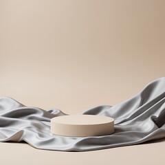 Luxury background for branding and product presentation. Beige color podium on darck silver fabric flying wave. 3d rendering illustration.