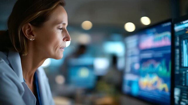 Faceless medical researcher closely examining oncology data defocused large digital screen background various graphs and charts visible focused analysis work cancer research