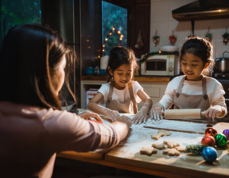 Mom helping her two children cut gingerbread shapes, warm kitchen glow and Christmas décor creating a cozy festive moment. - Powered by Adobe