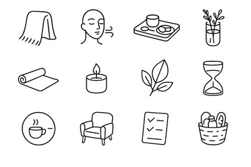Weekend warm glass candle herbs icon vector mindful break blanket icons home