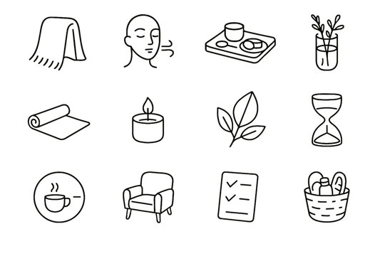 Weekend warm glass candle herbs icon vector mindful break blanket icons home