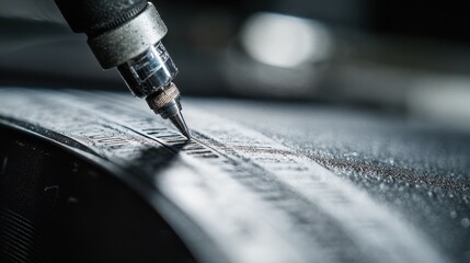 Closeup medium shot showcasing printed brand information being applied smoothly on a retreads sidewall emphasizing clarity and detail.