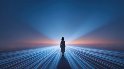 A solitary figure stands on a futuristic road illuminated by vibrant beams of light, representing journeys, hope, and endless possibilities at dawn