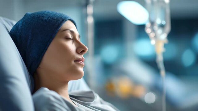 Faceless cancer patient receiving chemotherapy treatment defocused hospital environment background IV drip visible highlighting cancer care journey oncology support patient