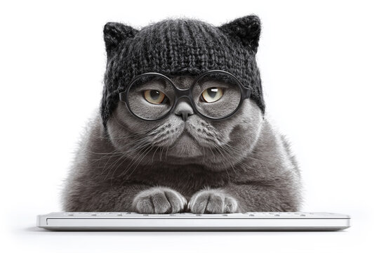 Funny Cat Wearing Black Cap as Hacker Isolated on White Background