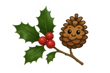 Cute anthropomorphic pinecone and holly branch with red berries creating a festive winter holiday illustration