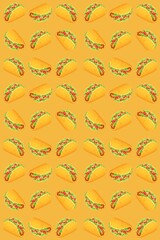 Taco pattern with Mexican food on yellow background, 3D illustration of repeating tacos with lettuce, meat, cheese, wallpaper