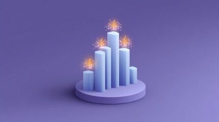 Digital 3D Bar Graph with Glowing Effects on a Purple Background Representing Data Visualization and Growth Metrics in Modern Design