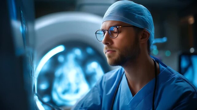 Faceless interventional radiology surgeon performing catheter treatment defocused X ray visualization equipment background minimally invasive procedure surgical precision work