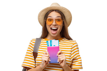 Happy young woman holding passport and flight tickets, smiling and ready for travel and vacation