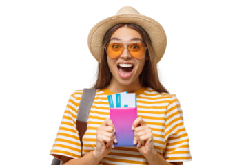 Happy young woman holding passport and flight tickets, smiling and ready for travel and vacation