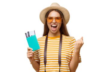 Young happy female tourist celebrating if she is a winner, holding passport with flight tickets