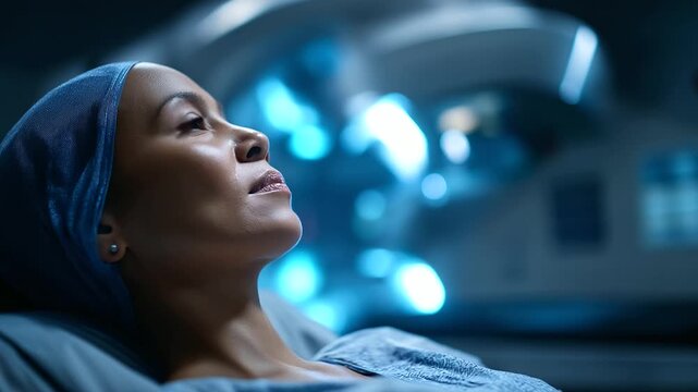 Faceless patient undergoing radiation therapy defocused medical linear accelerator background therapeutic oncology concept modern treatment approaches cancer therapy technology