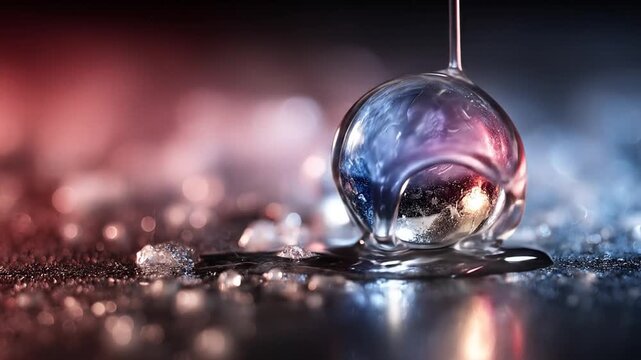 A glossy sphere reflects red and blue light, encased in a clear liquid on a textured surface