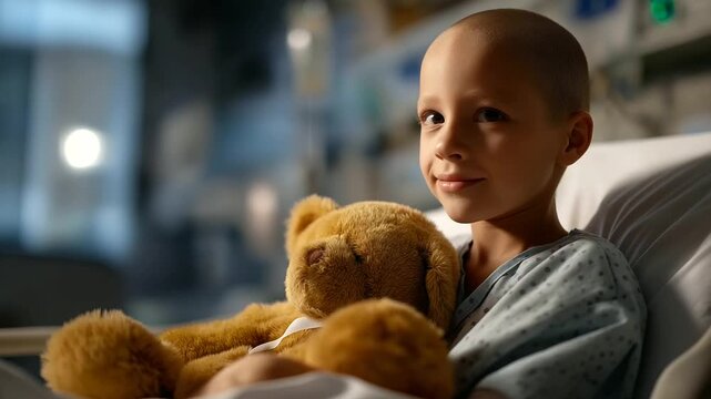 Faceless sick child lying in hospital bed with stuffed toy defocused pediatric ward background bald child fighting illness happy moment visualization childhood cancer care wit
