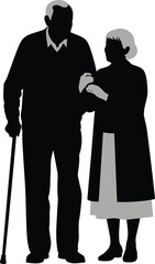 Elderly couple silhouette walking together with cane vector illustration