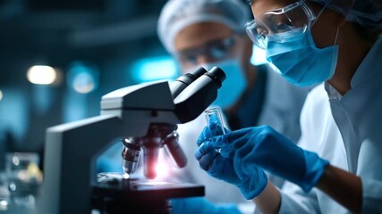 Faceless team of researchers in oncology lab examining samples defocused microscope and laboratory background cancer cells study high powered microscopy work scientific - Powered by Adobe