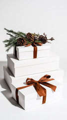 A stack of three white, rectangular gift boxes of varying sizes is set against a clean white background. The largest box is at the bottom, and the smallest is at the top. The bottom and top boxes are 