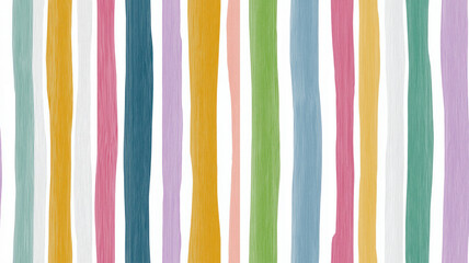 A vibrant, seamless pattern of vertical stripes with a hand-drawn, textured appearance. The stripes vary in width and feature a retro color palette including teal, mustard yellow, pink, lavender, gree