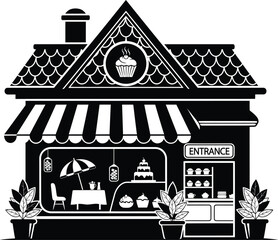 Bakery storefront with cakes and awning vector illustration