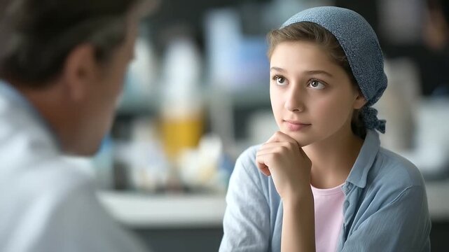 Faceless teenage oncology patient conversing with doctor defocused medical consultation room background treating teen with cancer emotional support provision anxiety and