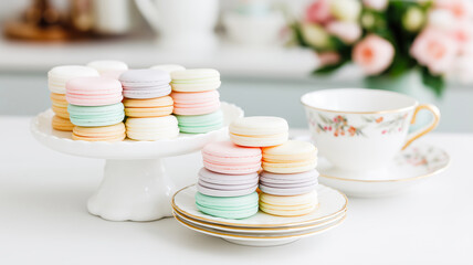 A bright, high-key photograph featuring stacks of pastel-colored French macarons on a white pedestal cake stand and a small stack of plates. The macarons come in shades of pink, lavender, mint green, 