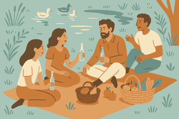 People picnic bottles cream style flat icon eco pond vector pale no