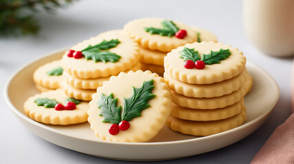 A close-up shot of a beige ceramic plate filled with festive Christmas cookies. The cookies are round with scalloped edges, and each is decorated with a green holly leaf and red berry design made from