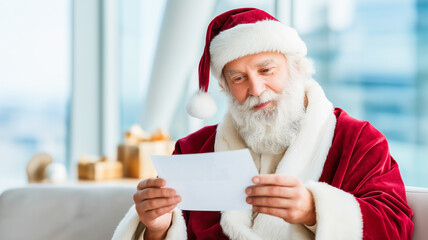 An elderly man with a long white beard, dressed in a traditional red and white Santa Claus costume, is sitting indoors and attentively reading a letter. He holds the white paper with both hands and ha