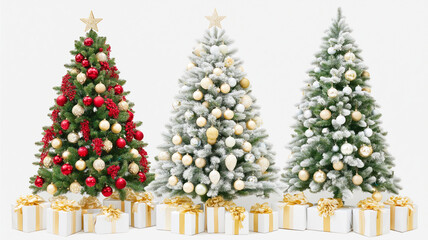 A studio shot featuring three distinct Christmas trees arranged in a row against a plain white background. The tree on the left is a traditional green fir decorated with red and gold baubles, red berr