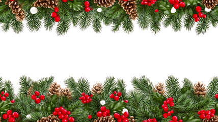 A festive Christmas or winter holiday border composed of two horizontal garlands against a clean white background. The garlands are made of lush green fir and pine branches, decorated with natural bro