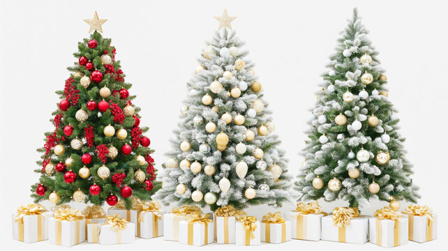 A studio shot featuring three distinct Christmas trees arranged in a row against a plain white background. The tree on the left is a traditional green fir decorated with red and gold baubles, red berr - Powered by Adobe