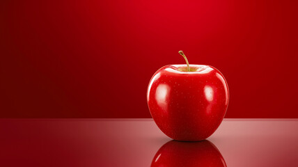 A single, vibrant red apple is positioned on the right side of the frame against a matching red gradient background. The apple is whole, with a short brown stem, and its skin is glossy and smooth, sho