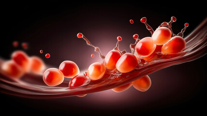 A dynamic, high-speed close-up shot of red grapes splashing into a stream of dark red juice or wine against a dark background. The composition features several round, glossy red fruits moving diagonal