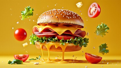 digital illustration burger sesame seed bun melted cheese top burger placed yellow background surrounded various ingredients such lettuce tomato cheese also slices tomato slice cheese scattered