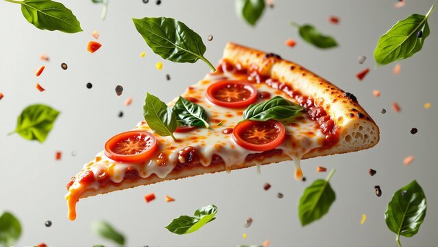 digital illustration slice pizza pizza shape triangle topped melted cheese tomato sauce basil leaves slices arranged way overlapping background white small black dots scattered around pizza giving