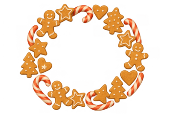 Gingerbread man, cookies, and candy canes forming a festive holiday wreath frame with transparent background