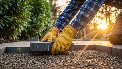Close-up of Hands in Work Gloves Laying Paving Stones in a Sunny Garden During Home Improvement Project