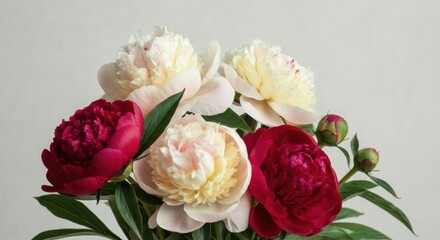 Peonies bouquet with cream and deep red blooms against neutral background