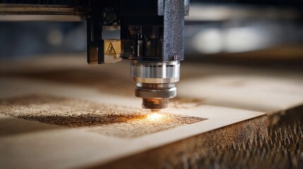 Medium shot focusing on hybrid laser technology blending CO2 and fiber capabilities to engrave complex artistic motifs on layered timber sheets.