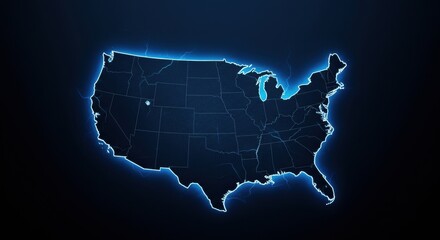 Fototapeta premium United States map outlined in glowing neon on a dark tech style background