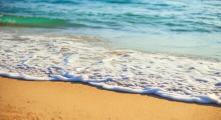 Sandy beach with gentle sea foam and turquoise water washing over golden sand