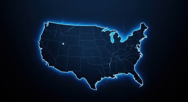 United States map outlined in glowing neon on a dark tech style background