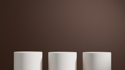 Brown Textured Background with Three White Cylinders for Product Display