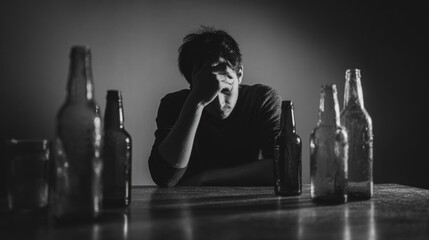 Desperate man struggling with alcoholism sitting at table with empty beer bottles