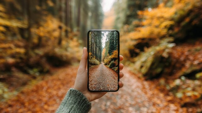 Hand holding a smartphone displaying a forest path lined with autumn foliage, blending seamlessly with the actual forest background. - Powered by Adobe